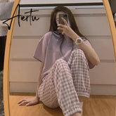 Aiertu Women's Pajamas Summer Night Home Suit Pyjamas Korean Style Solid Color Grid Pijamas Homewear Sleepwear Nightwear Cute Aiertu