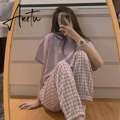 Aiertu Women's Pajamas Summer Night Home Suit Pyjamas Korean Style Solid Color Grid Pijamas Homewear Sleepwear Nightwear Cute Aiertu