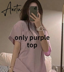 Aiertu Women's Pajamas Summer Night Home Suit Pyjamas Korean Style Solid Color Grid Pijamas Homewear Sleepwear Nightwear Cute Aiertu