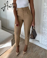 Aiertu Women's Pants High Waist With Belt Classic Pockets Office Lady Ankle Length Trousers Female Spring Fashion Pink Harem Pants Aiertu