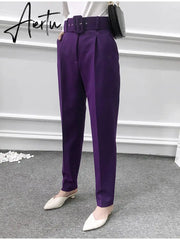 Aiertu Women's Pants High Waist With Belt Classic Pockets Office Lady Ankle Length Trousers Female Spring Fashion Pink Harem Pants Aiertu