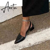 Aiertu Women's Pointed Toes Pumps Mid Chunky Heels Slingback Sandals Shoes Summer New Vintage Woman Lady Female Sandals Slippers Shoes Aiertu