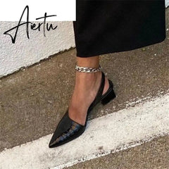 Aiertu Women's Pointed Toes Pumps Mid Chunky Heels Slingback Sandals Shoes Summer New Vintage Woman Lady Female Sandals Slippers Shoes Aiertu