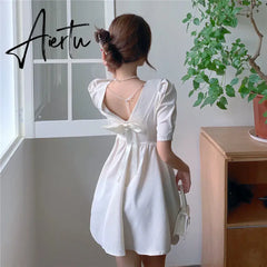 Aiertu Women's Puff Sleeve Mini Dress Backless Designer Dress Sexy Summer Dress Korean One-piece Dress Lady Party Vintage Clothes 2024 Aiertu