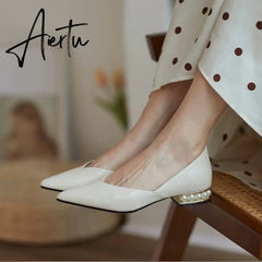 Aiertu Women's Pumps Low Heels PU Leather Fashion Shoes Office Dress Pointed Toe Slip On Woman Sexy Comfortable Female Pearls Ladies Aiertu