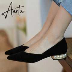Aiertu Women's Pumps Low Heels PU Leather Fashion Shoes Office Dress Pointed Toe Slip On Woman Sexy Comfortable Female Pearls Ladies Aiertu