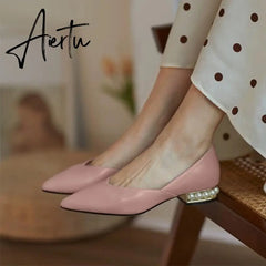 Aiertu Women's Pumps Low Heels PU Leather Fashion Shoes Office Dress Pointed Toe Slip On Woman Sexy Comfortable Female Pearls Ladies Aiertu