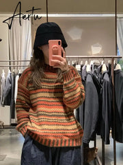 Aiertu Women's Round Neck Retro Long-Sleeved Sweater Student Tide Wear Knitted Top Korean Autumn Winter Warm Striped Pullovers ML144 Aiertu