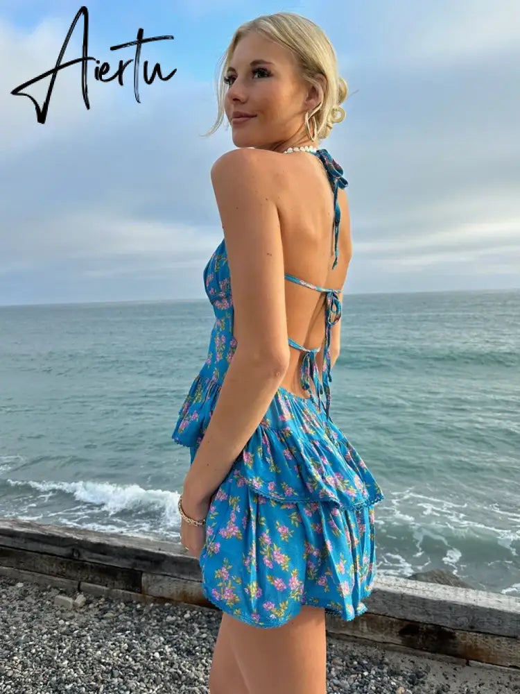 Aiertu Women’s Sexy Vintage Halter Neck Front Backless Bandage Tie-up Layered Floral Print Layered Ruffled Short Mini Dress Aiertu
