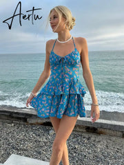Aiertu Women’s Sexy Vintage Halter Neck Front Backless Bandage Tie-up Layered Floral Print Layered Ruffled Short Mini Dress Aiertu