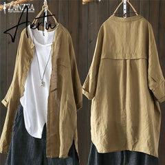 Aiertu Womens Shirts Vintage Cotton Tunic Casual Long Sleeve Shirt Button Cardigans Female Soid Patchwork Tops Aiertu