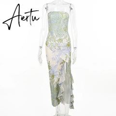 Aiertu Women's Street Style Mesh Printed Tube Skirt Ruffled Slit Dress Spring New Vacation Long Skirt Aiertu