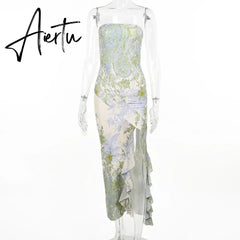 Aiertu Women's Street Style Mesh Printed Tube Skirt Ruffled Slit Dress Spring New Vacation Long Skirt Aiertu