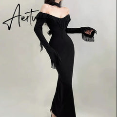 Aiertu Women's Street Style One Shoulder Long Sleeve Dress Mesh Ruffle Sleeve Ribbon Long Dress Spring New Aiertu