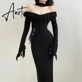 Aiertu Women's Street Style One Shoulder Long Sleeve Dress Mesh Ruffle Sleeve Ribbon Long Dress Spring New Aiertu