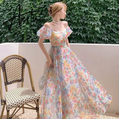 Aiertu Women's Summer Floral Dress Spaghetti Strap Dress Backless Puff Sleeves Sweet A-line Off Shoulder Midi Dress Holiday Aiertu