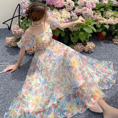 Aiertu Women's Summer Floral Dress Spaghetti Strap Dress Backless Puff Sleeves Sweet A-line Off Shoulder Midi Dress Holiday Aiertu