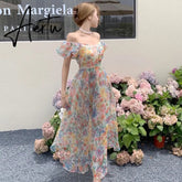 Aiertu Women's Summer Floral Dress Spaghetti Strap Dress Backless Puff Sleeves Sweet A-line Off Shoulder Midi Dress Holiday Aiertu