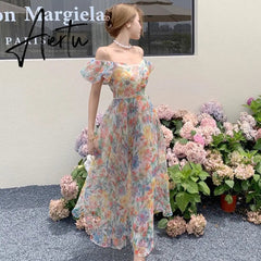 Aiertu Women's Summer Floral Dress Spaghetti Strap Dress Backless Puff Sleeves Sweet A-line Off Shoulder Midi Dress Holiday Aiertu