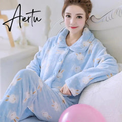 Aiertu Women's Winter Pajamas Set Turn-down Collar Sexy Flower Embroidery Sleepwear Warm Flannel Pajama Casual Mom Big Size Homewear Aiertu