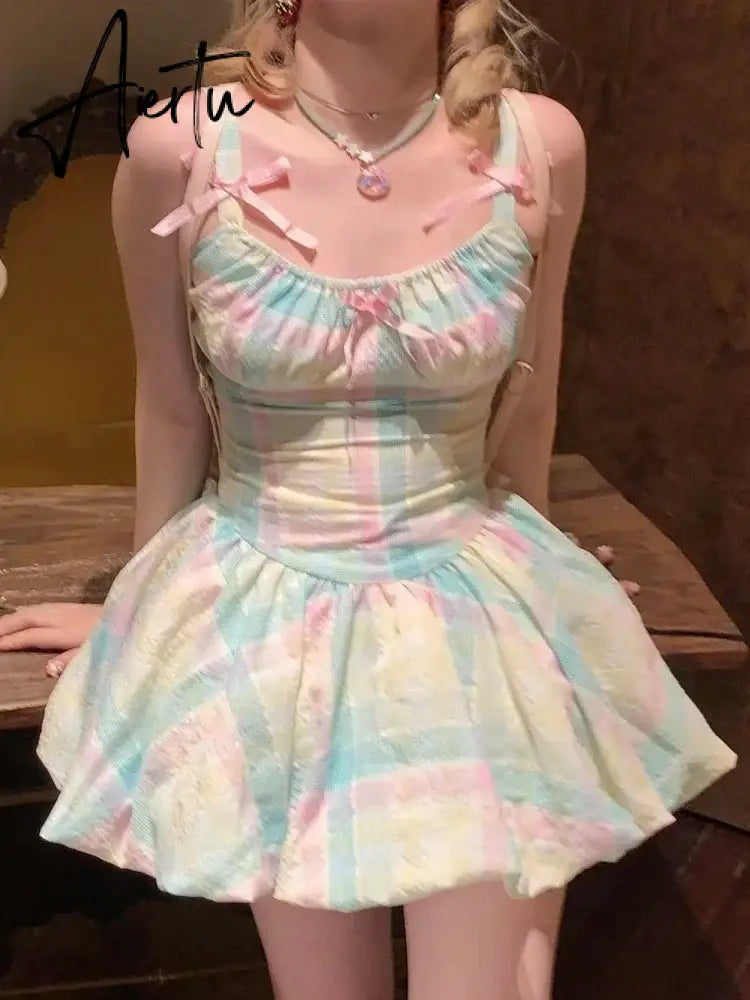 Aiertu Y2k Aesthetic Rainbow Contrast Color Plaid Vestidos Sweet Bow Ball Gown Dress Summer Kawaii Fashion Women Dresses Aiertu