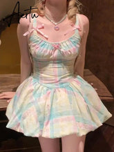 Aiertu Y2k Aesthetic Rainbow Contrast Color Plaid Vestidos Sweet Bow Ball Gown Dress Summer Kawaii Fashion Women Dresses Aiertu