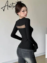 Aiertu Y2k Aesthetic Sexy Fashion Gothic T-shirts Women Chic Hollow Out Elegant Slim Tees Female Korean Casual Harajuku Tops 2024 New Aiertu