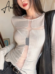 Aiertu Y2k Aesthetic Sexy Fashion Gothic T-shirts Women Chic Hollow Out Elegant Slim Tees Female Korean Casual Harajuku Tops 2024 New Aiertu