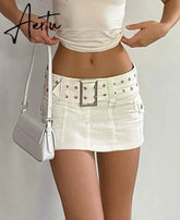 Aiertu Y2K Aesthetics Basic Belted Low Waist Micro Skirts 2000s Fashion Sexy Pockets White Denim Skirt Cute Bottoms Clubwear Aiertu