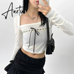 Aiertu y2k Bow Square Collar T Shirt White Full Sleeve Cute Sweet Crop Top Harajuku Korean Chic Pullovers 2000s Autumn Winter Aiertu