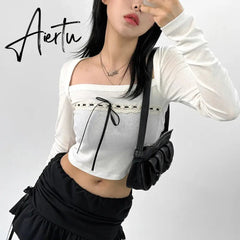 Aiertu y2k Bow Square Collar T Shirt White Full Sleeve Cute Sweet Crop Top Harajuku Korean Chic Pullovers 2000s Autumn Winter Aiertu