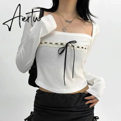 Aiertu y2k Bow Square Collar T Shirt White Full Sleeve Cute Sweet Crop Top Harajuku Korean Chic Pullovers 2000s Autumn Winter Aiertu