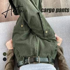 Aiertu Y2K Cargo Jeans Denim Pants Women Green Wide Leg Cargo Trousers Female Korean Streerwear Hip Hop Pockets Casual Retro Aiertu