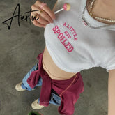 Aiertu Y2K crop tops Aesthetic Cute Pink Letter Embroidery Baby Tees 2000s Vintage Ribbed O-Neck Harajuku Short Sleeve T-Shirt топ Aiertu
