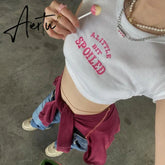 Aiertu Y2K crop tops Aesthetic Cute Pink Letter Embroidery Baby Tees 2000s Vintage Ribbed O-Neck Harajuku Short Sleeve T-Shirt топ Aiertu