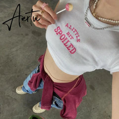 Aiertu Y2K crop tops Aesthetic Cute Pink Letter Embroidery Baby Tees 2000s Vintage Ribbed O-Neck Harajuku Short Sleeve T-Shirt топ Aiertu