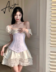 Aiertu Y2k Dresses Korean Fashion Square Collar Short Puff Sleeve High Waist Slim Sexy Dress Elegant Patchwork Cake Vestido Feminino Aiertu