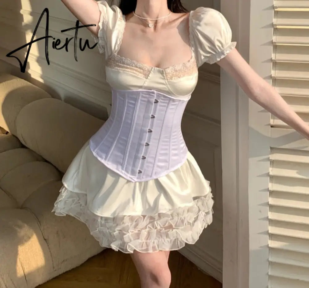 Aiertu Y2k Dresses Korean Fashion Square Collar Short Puff Sleeve High Waist Slim Sexy Dress Elegant Patchwork Cake Vestido Feminino Aiertu