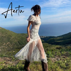 Aiertu Y2k Fairycore See Through Floral Lace Mesh White Dress Summer Retro Puffy Short Sleeve Long Dresses Coquette Aiertu