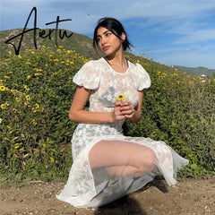 Aiertu Y2k Fairycore See Through Floral Lace Mesh White Dress Summer Retro Puffy Short Sleeve Long Dresses Coquette Aiertu