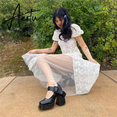 Aiertu Y2k Fairycore See Through Floral Lace Mesh White Dress Summer Retro Puffy Short Sleeve Long Dresses Coquette Aiertu
