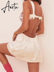 Aiertu Y2K Floral Lace Spaghetti Strap Fairy Dress for Women Club Sexy Print Backless Hollow Out Short Mini Dresses Aiertu