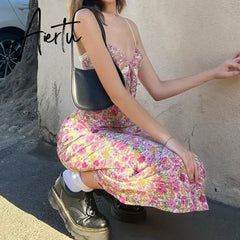 Aiertu Y2K Floral Print Lace Trim Spaghetti Strap Long Dress Elegant Bodycon Tank Dress Sleeveless Maxi Dress Summer Streetwear Aiertu