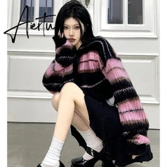 Aiertu Y2K Korean Style Pink Cropped Sweater Women Striped Jumper Vintage Female Autumn Long Sleeve Crewneck Pullovers Tops Aiertu