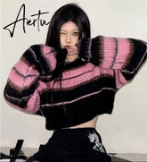 Aiertu Y2K Korean Style Pink Cropped Sweater Women Striped Jumper Vintage Female Autumn Long Sleeve Crewneck Pullovers Tops Aiertu