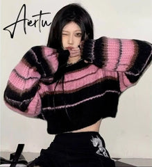 Aiertu Y2K Korean Style Pink Cropped Sweater Women Striped Jumper Vintage Female Autumn Long Sleeve Crewneck Pullovers Tops Aiertu