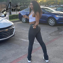 Aiertu Y2K Pants Streetwear Women Legging Fashion Solid Ruched Stacked High Waist Sweatpants Casual Trousers Pencil Pants Jogging Aiertu