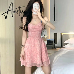 Aiertu Y2K Pink Romantic Floral Spaghetti Slip Dress Women Summer Slim Elastic High Waist Party Club Mini Dresses Aiertu