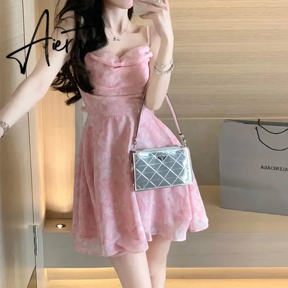 Aiertu Y2K Pink Romantic Floral Spaghetti Slip Dress Women Summer Slim Elastic High Waist Party Club Mini Dresses Aiertu