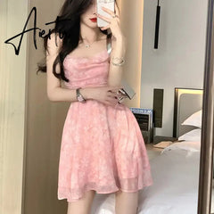 Aiertu Y2K Pink Romantic Floral Spaghetti Slip Dress Women Summer Slim Elastic High Waist Party Club Mini Dresses Aiertu